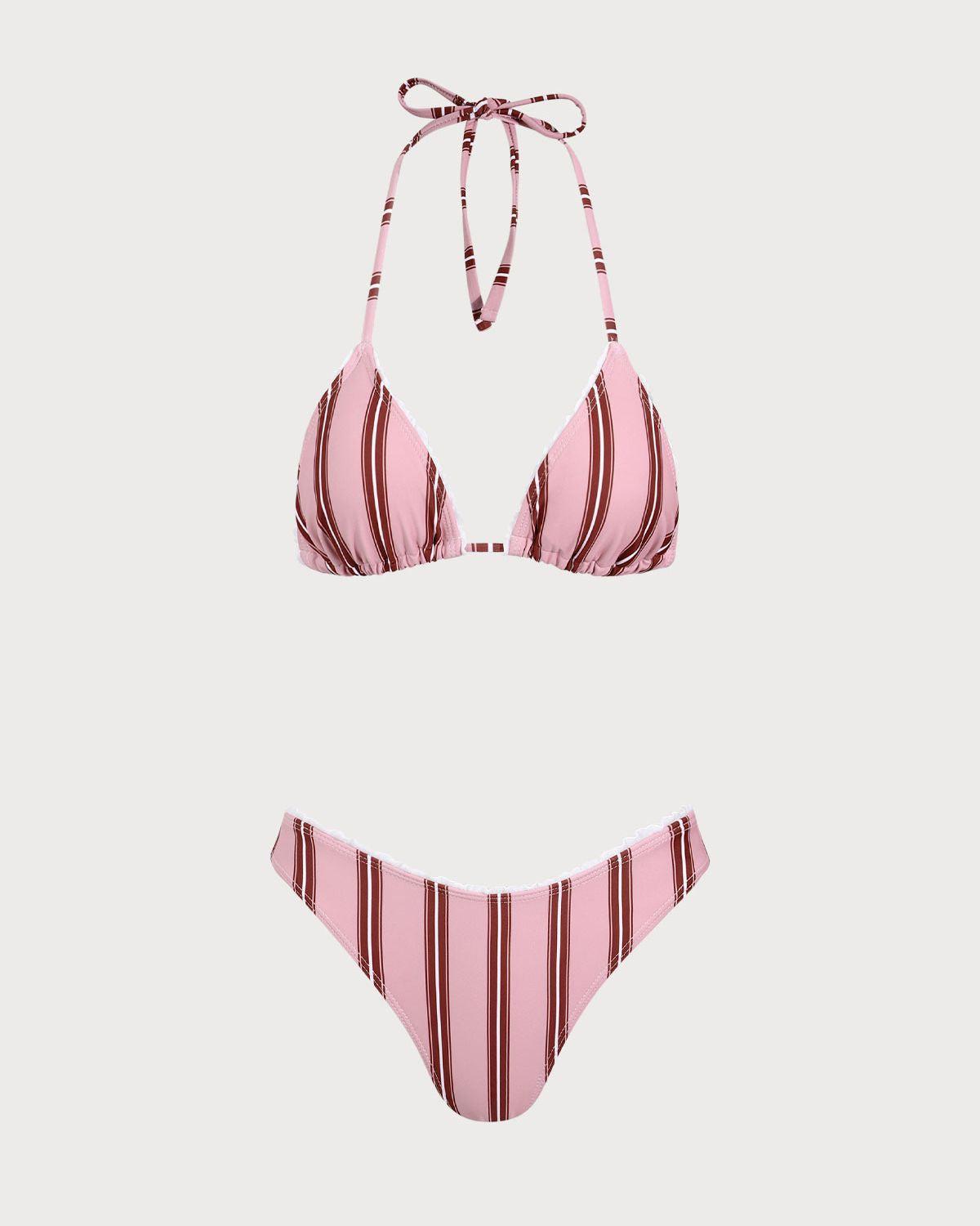 Pink Striped Ruffle Halter Bikini Set Product Image