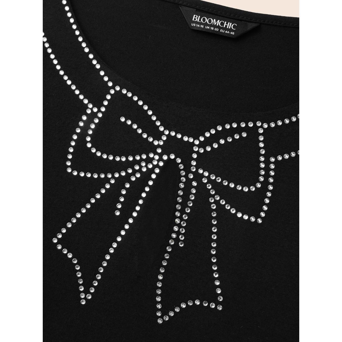 Plus Size Round Neck Bowknot Rhinestone Dress Black Women Playful Rhinestone detailing Round Neck Long Sleeve Curvy BloomChic 30/6X Product Image