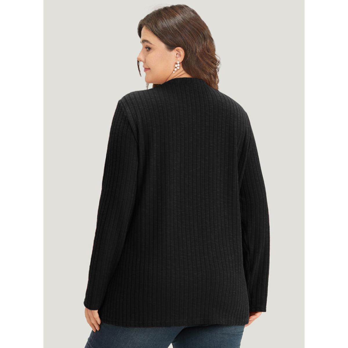 Plus Size Rib Knit Button Detail Split Side T-shirt Black Women Casual Texture Plain Round Neck Dailywear T-shirts BloomChic 18-20/2X Product Image