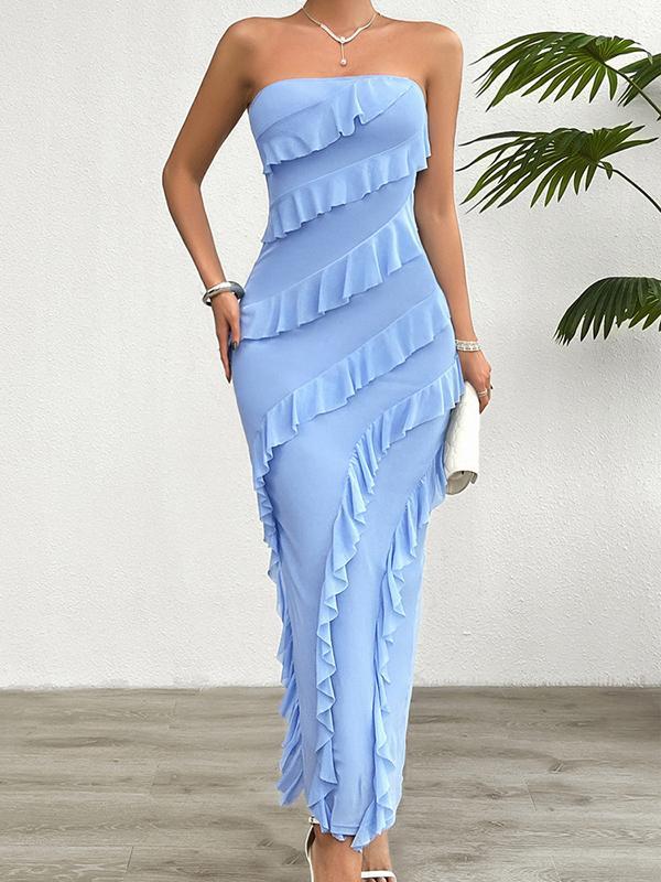 Bodycon High Waisted Ruffle Trim Solid Color Split-Back Split-Joint Tube Maxi Dresses Product Image