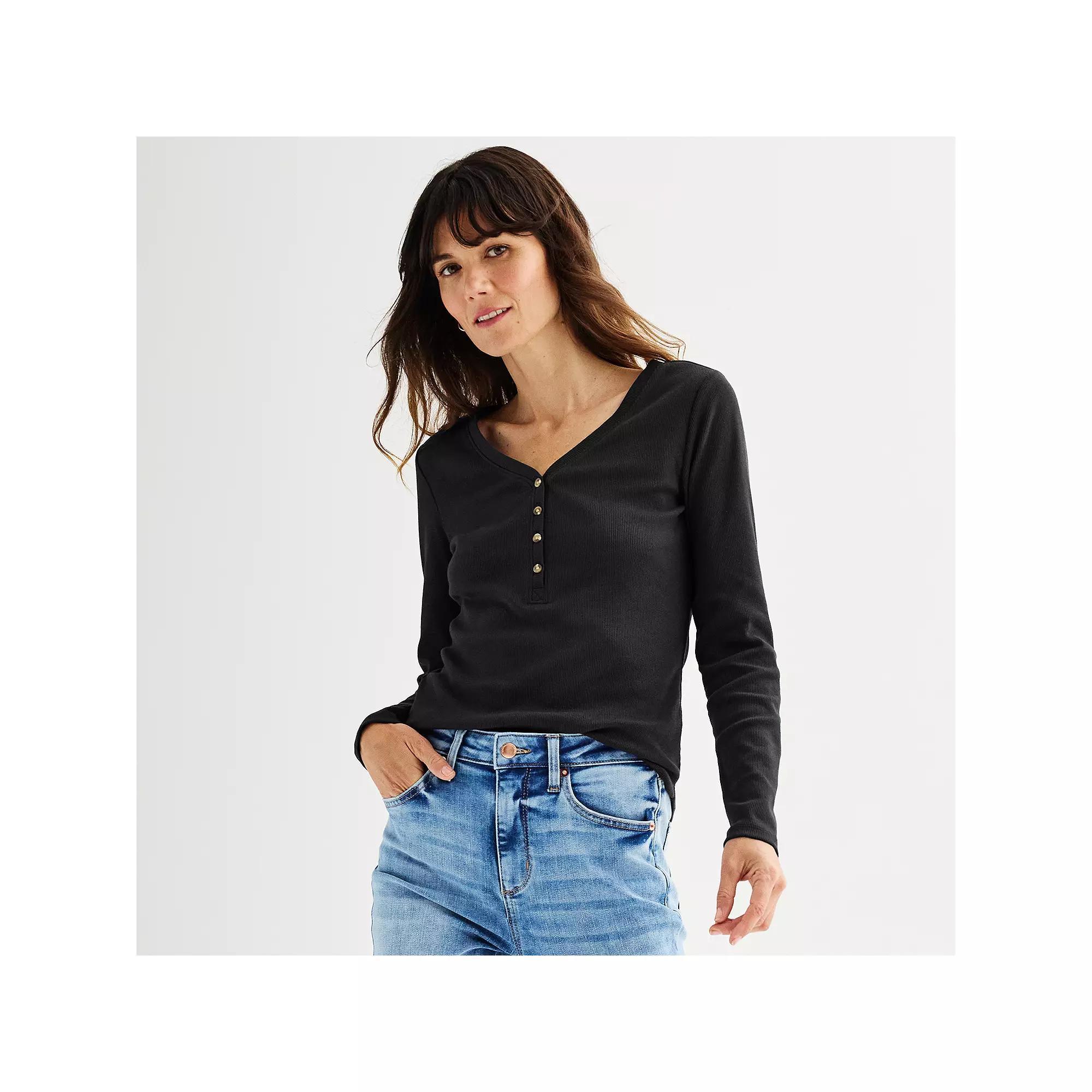 Women's Sonoma Goods For Life® Rib Long Sleeve Henley, Size: Medium, Pitch Black Product Image