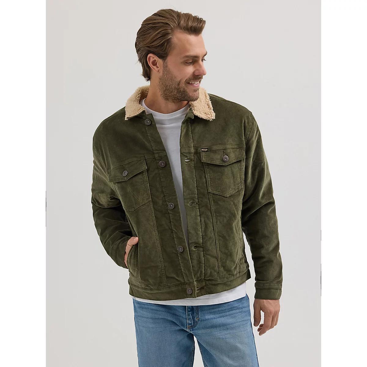 Men's Wrangler® Sherpa Lined Corduroy Trucker Jacket in Olive Night Product Image