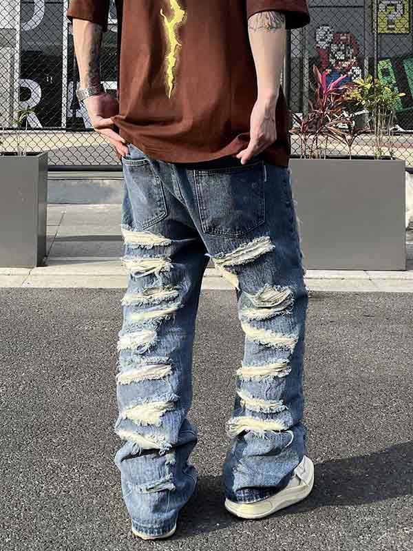 Men's Washed Ripped Flare Loose Jeans Product Image