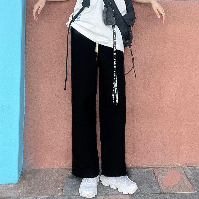 Drawstring Waist Plain Wide Leg Pants Product Image