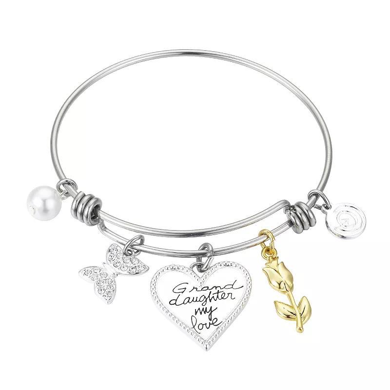 Love This Life Two Tone Stainless Steel Granddaughter My Love Crystal Butterfly & Flower Bangle Bracelet, Womens Product Image