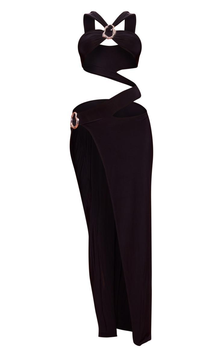 Black Slinky Trim Thigh Split Detail Maxi Dress Product Image