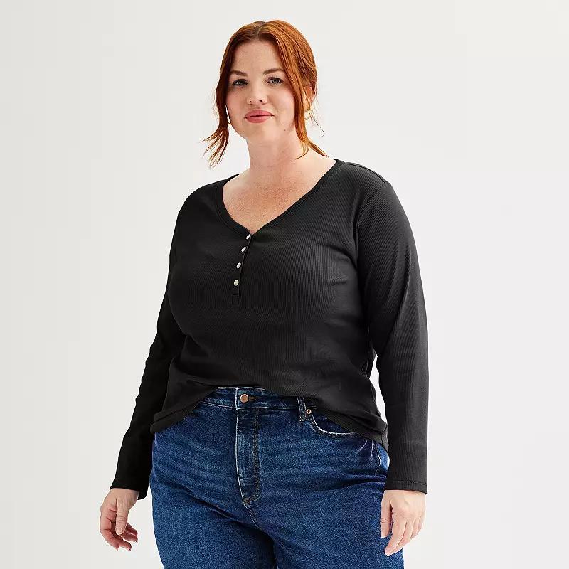 Plus Size Sonoma Goods For Life® Ribbed Long Sleeve Henley, Women's, Size: 0X, Pitch Black Product Image