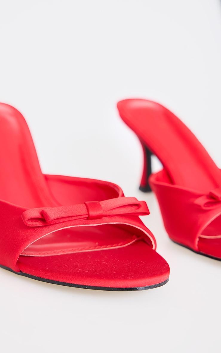 Red Satin Round Toe Bow Strap Low Heel Open Toe Mules Product Image
