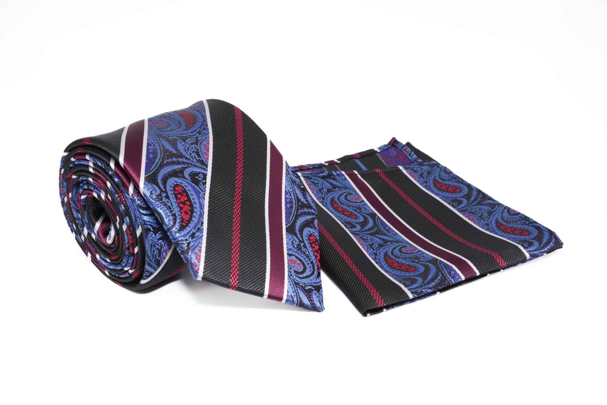 Blue Paisley Multi Color Stripe Pattern Tie and Pocket Square Set Product Image