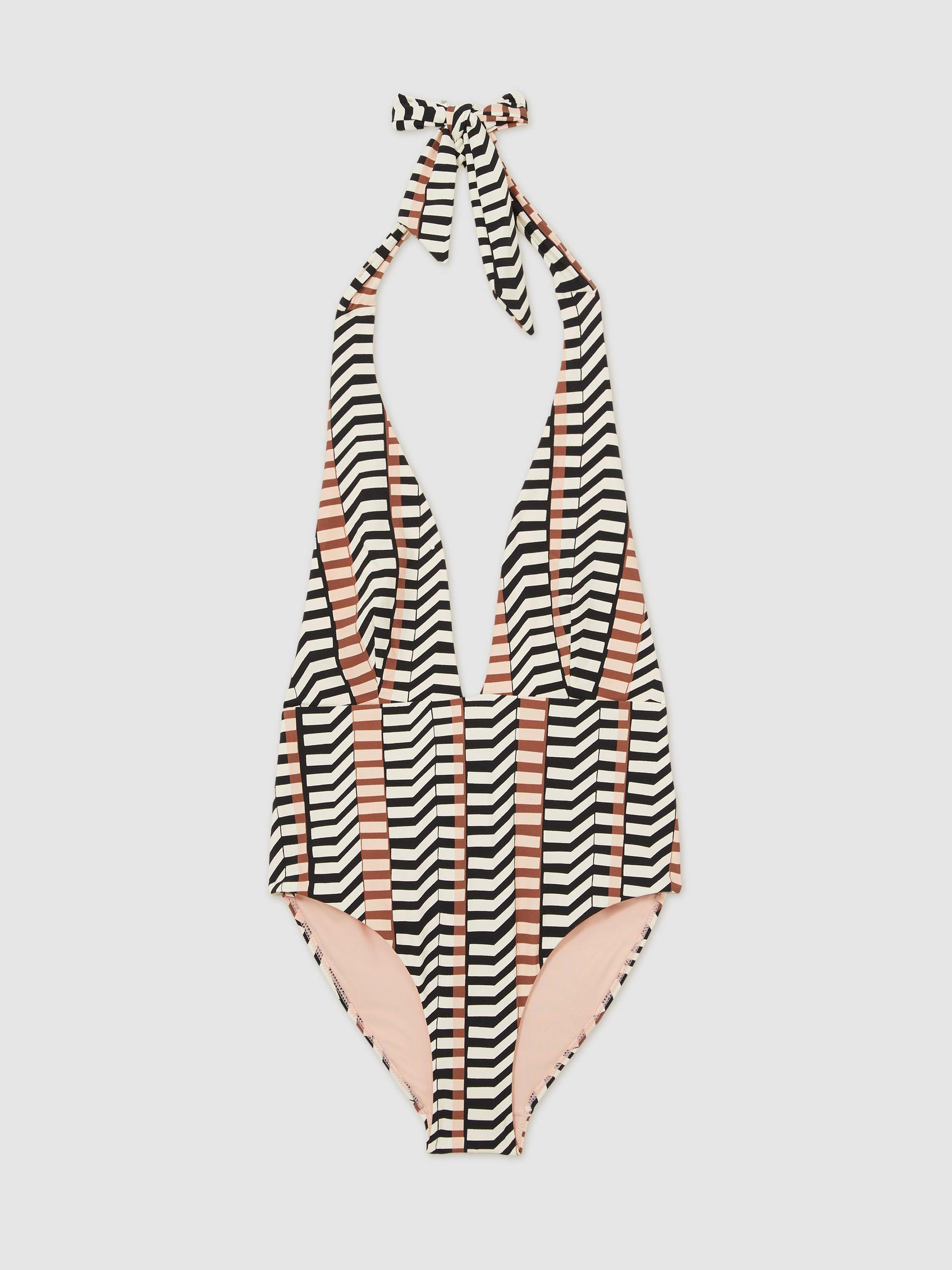 Chevron Stripe Plunge Swimsuit in Black/Brown Product Image