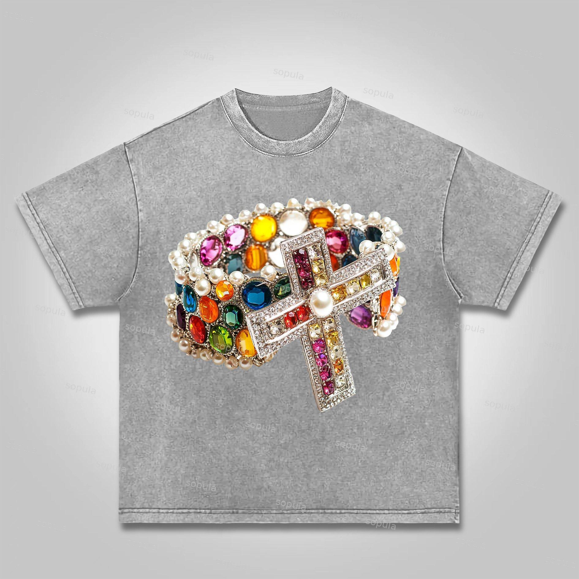 Sopula Vintage Diamond Cross Graphic Print Acid Washed T-Shirt Product Image