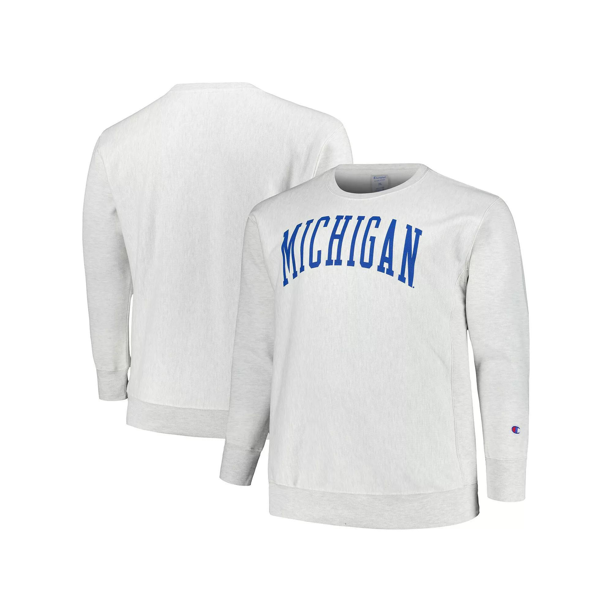 Men's Champion Ash Michigan Wolverines Big & Tall Reverse Weave Fleece Crewneck Pullover Sweatshirt, Size: XLT, Black Product Image