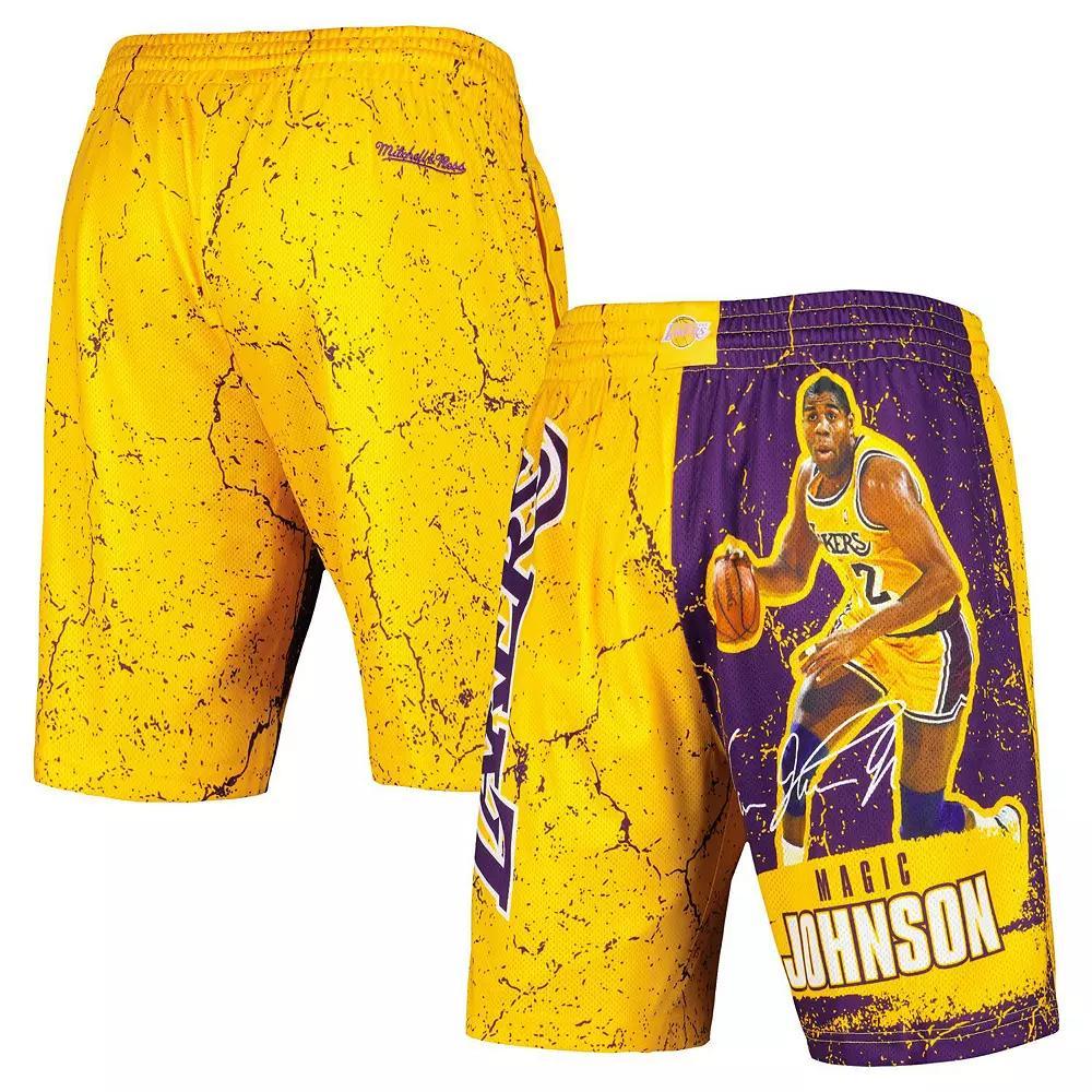 Men's Mitchell & Ness Magic Johnson Gold Los Angeles Lakers Hardwood Classics Player Burst Shorts, Size: Medium Product Image