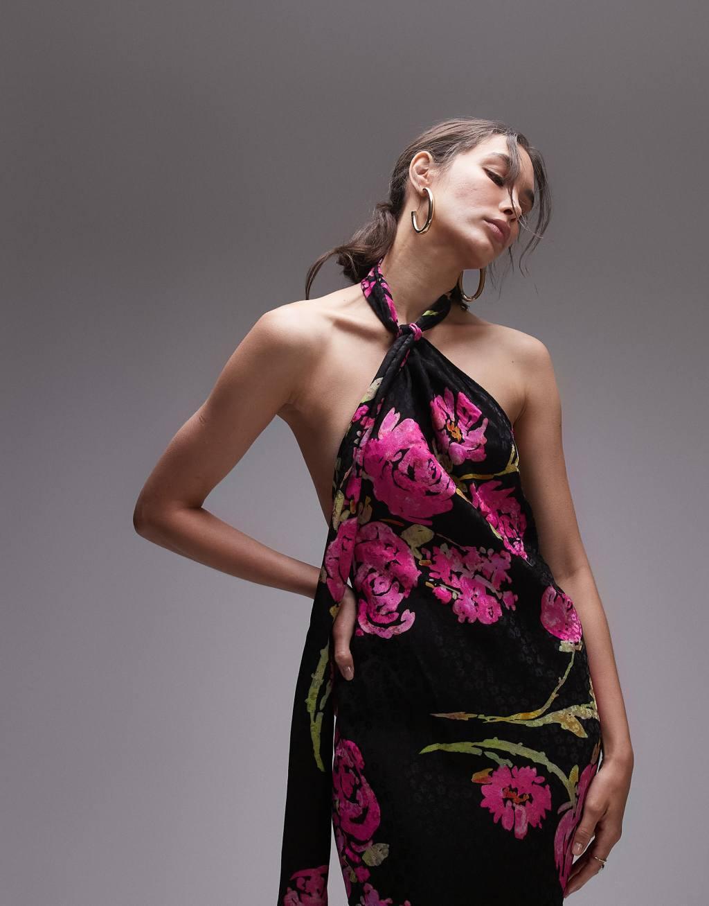 Topshop tie neck halter jacquard dress in black rose and spot Product Image