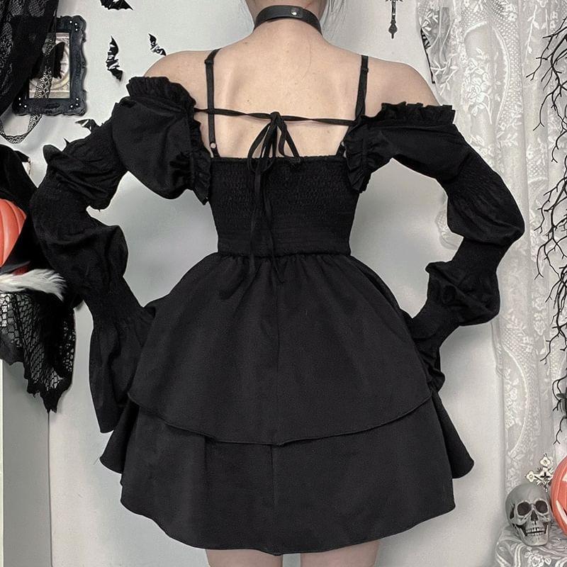 Long-Sleeve Cold Shoulder Corset Waist Plain Mini A-Line Dress / Long-Sleeve Shrug Product Image