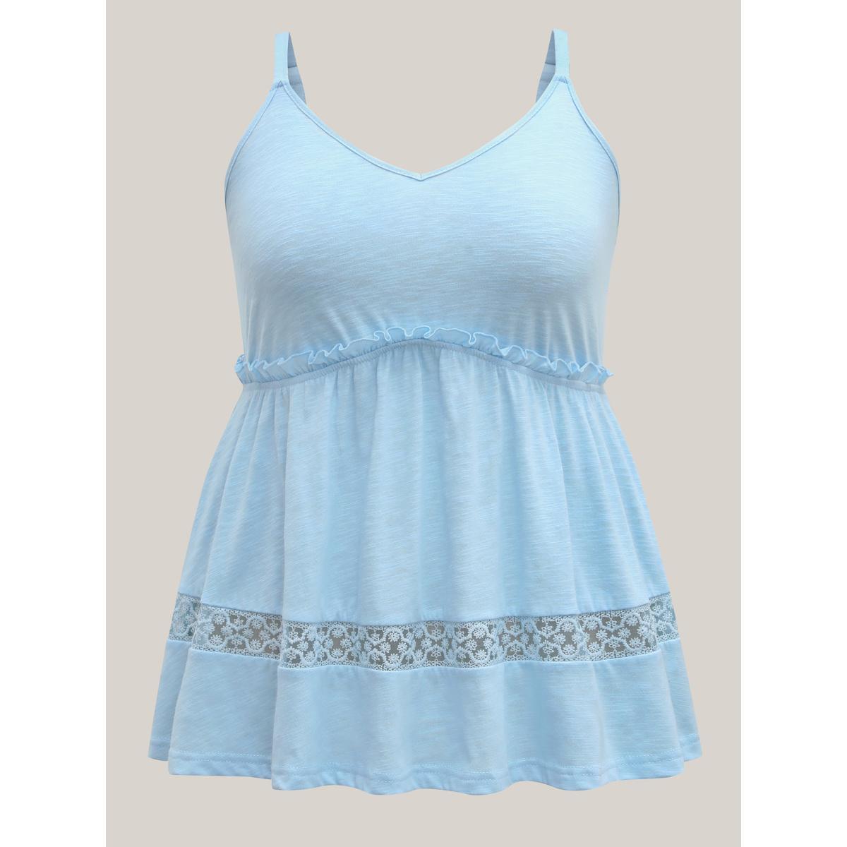 Plus Size Lace Trim Pleated Plain Tank Top Women LightBlue Boho Woven ribbon&lace trim Non Vacation Tank Tops Camis BloomChic 14-16/1X Product Image
