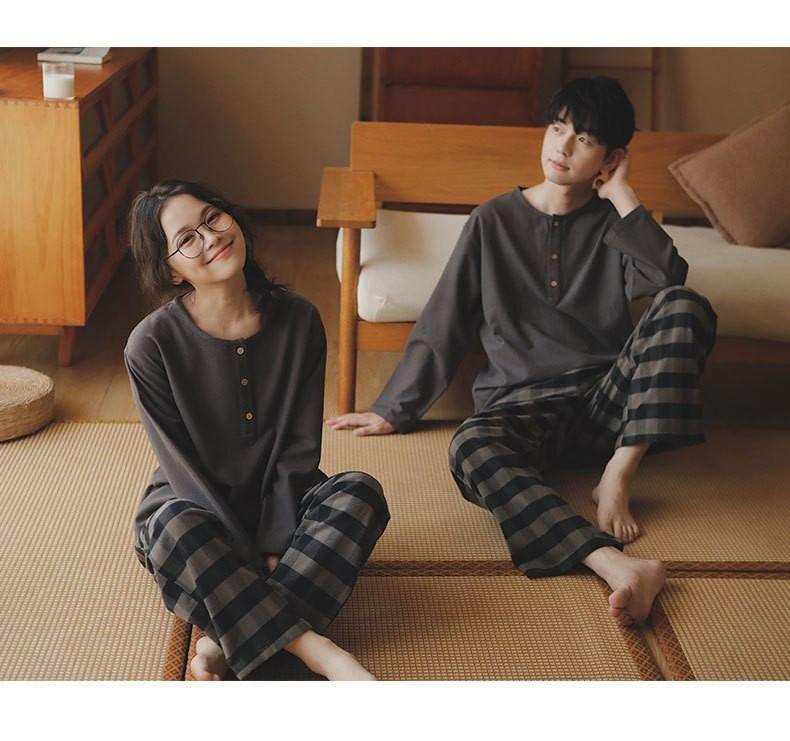 Pajama Set: Long Sleeve Henley Top + Straight Leg Pants (Various Designs) Product Image