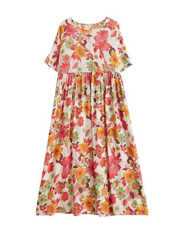 Loose Short Sleeves Pleated Printed Split-Joint Round-Neck Midi Dresses Product Image