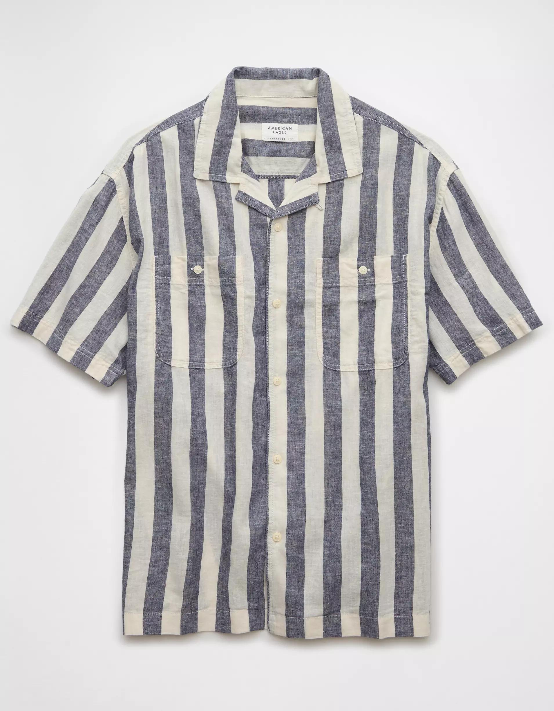 AE Poolside Linen-Blend Striped Button-Up Shirt Product Image
