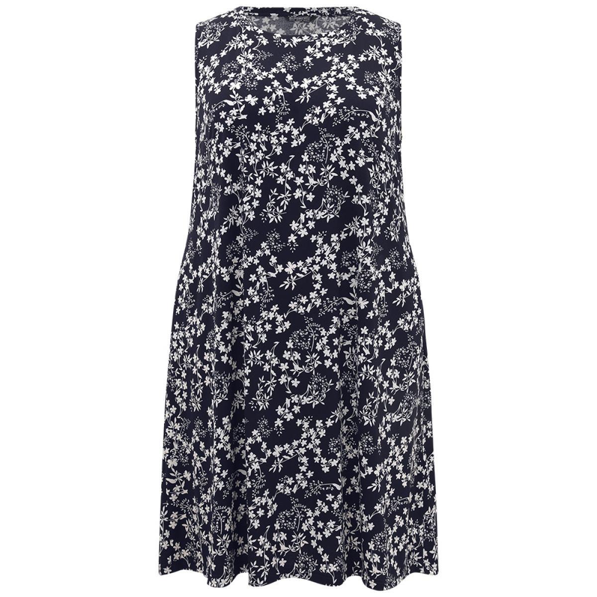 Plus Size Ditsy Floral Pocket Crew Neck Tank Dress Navy Women Casual Printed Round Neck Sleeveless Curvy Midi Dress BloomChic 22-24/3X Product Image