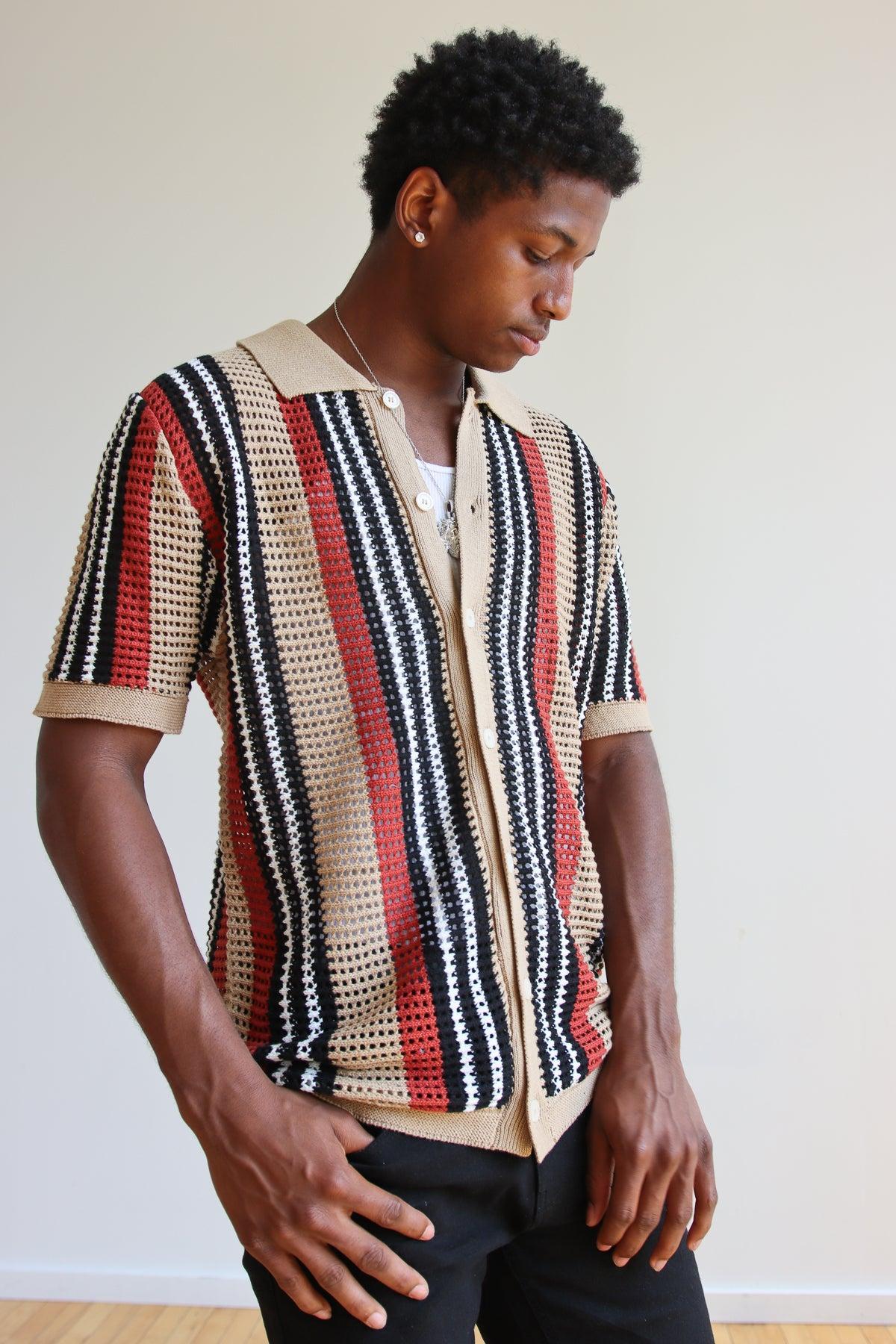 Striped Knit Mesh Button Up Shirt Product Image