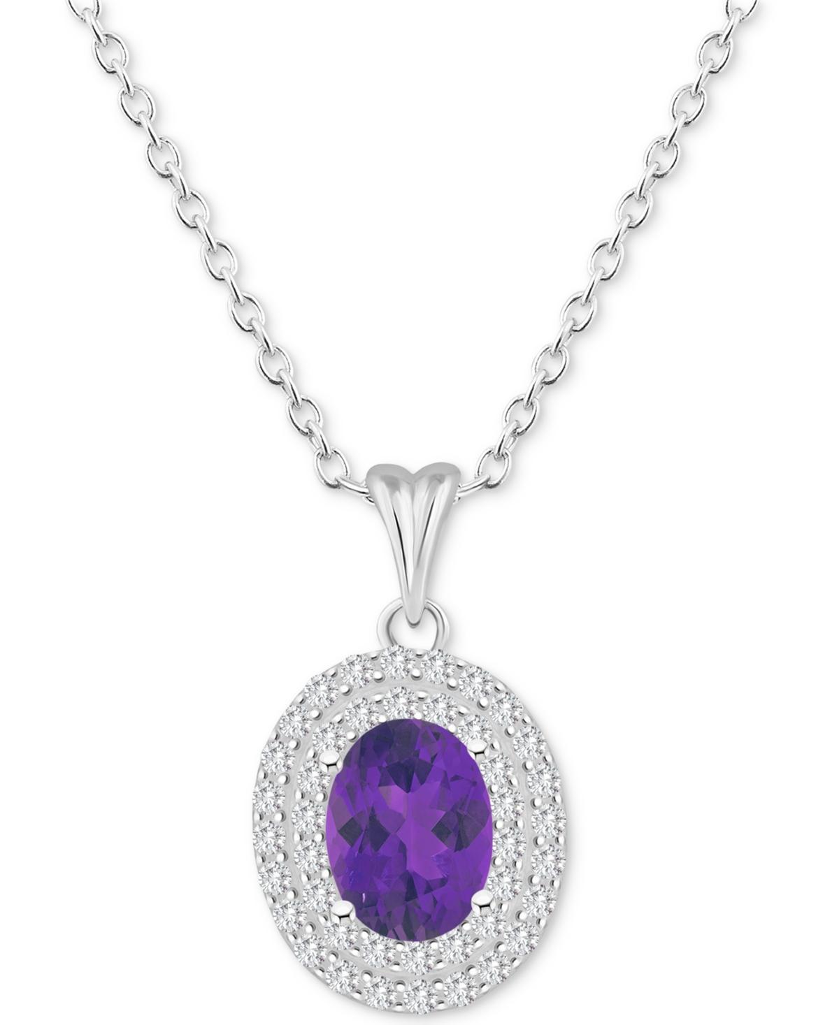 Celebration Gems Sterling Silver Oval-Cut Amethyst & White Topaz Double Halo Pendant Necklace, Womens Product Image