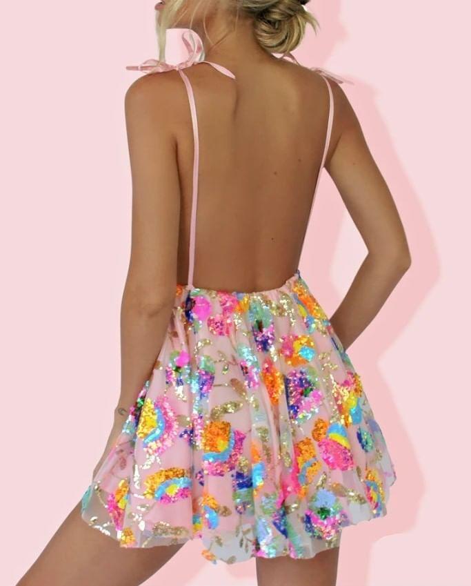 Spaghetti-Strap V-Neck Sequin Mini A-Line Dress Product Image