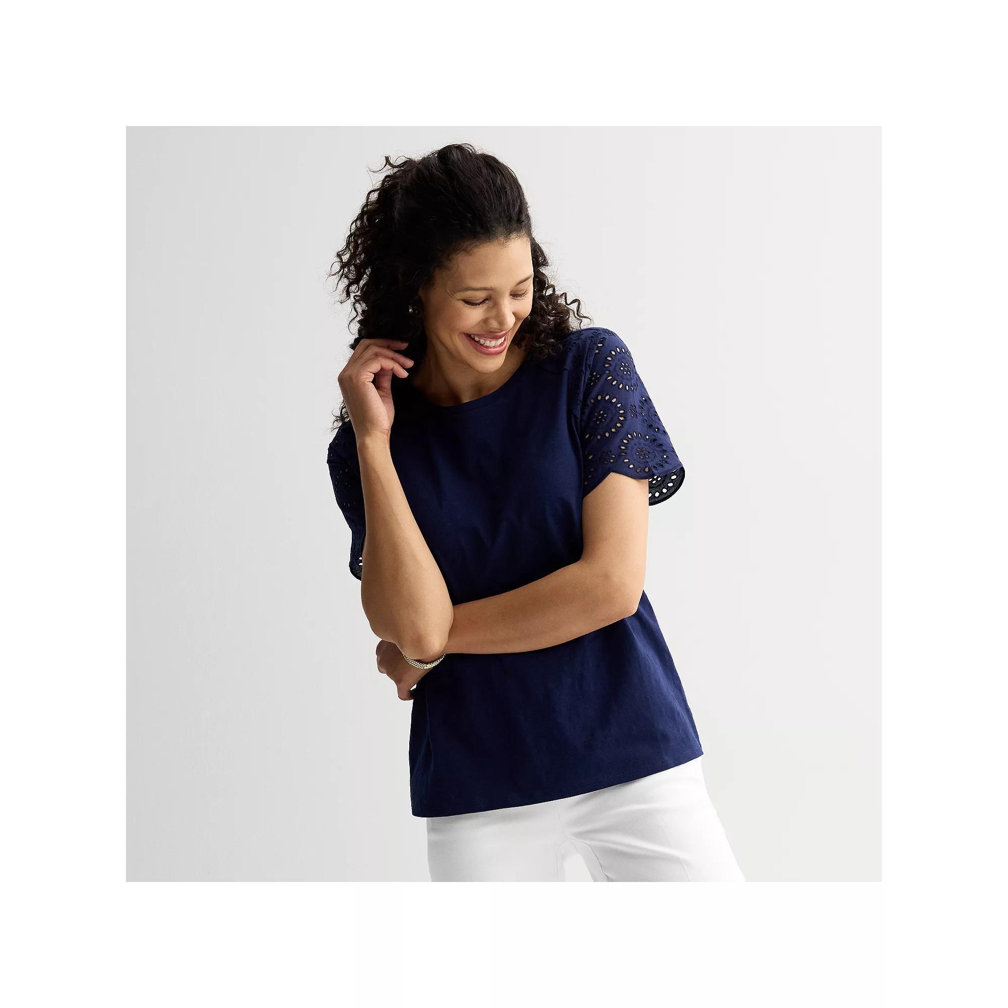 Women's Croft & Barrow® Eyelet Sleeve Tee, Size: Large, Seattle Blue Product Image
