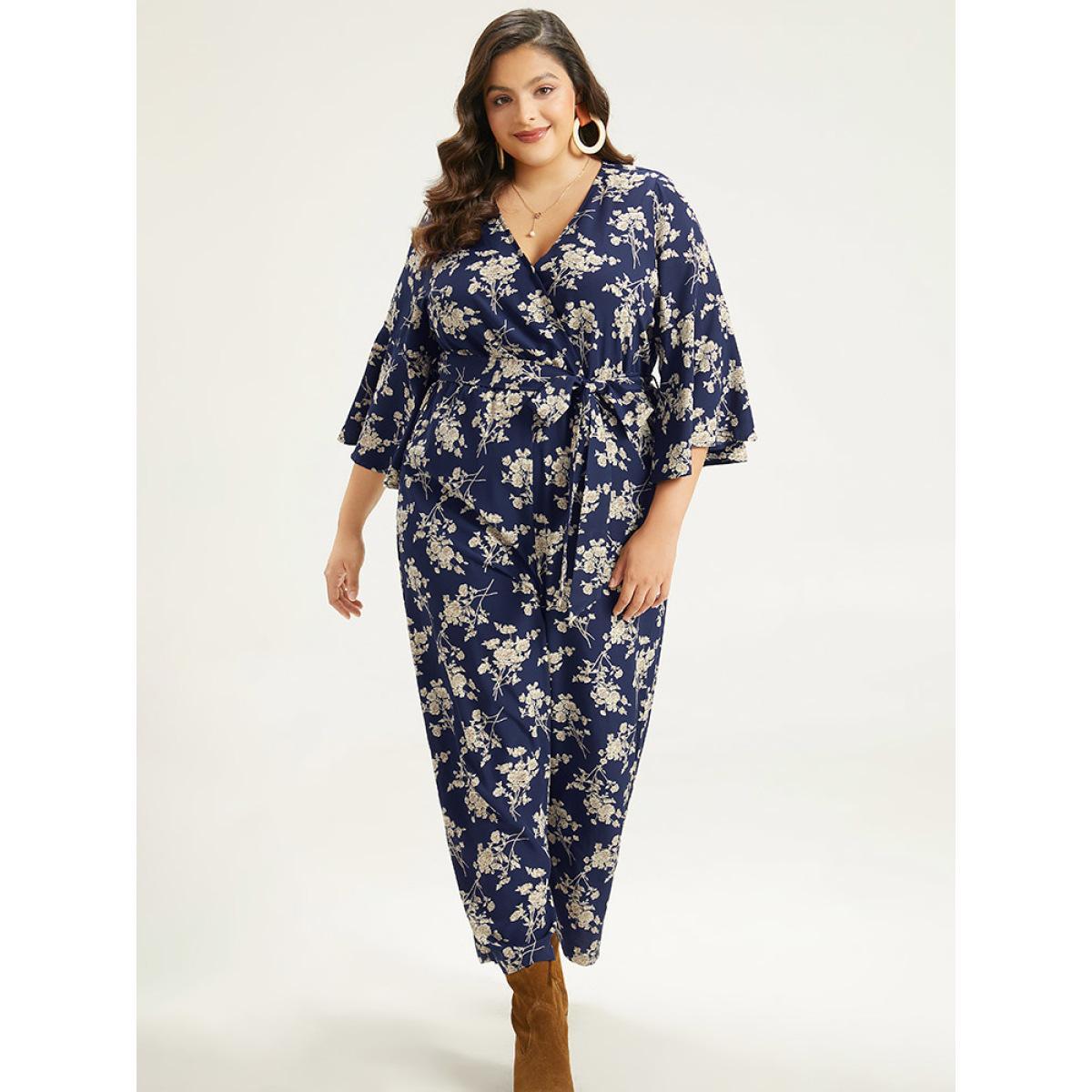 Plus Size DarkBlue Floral Print Bell Sleeve Pocket Belted Jumpsuit Women Elegant Elbow-length sleeve V-neck Dailywear Loose Jumpsuits BloomChic 30/6X Product Image