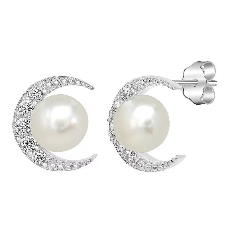 Gemistry Sterling Silver Cubic Zirconia Crescent Moon & Freshwater Cultured Pearl Stud Earrings, Women's Product Image
