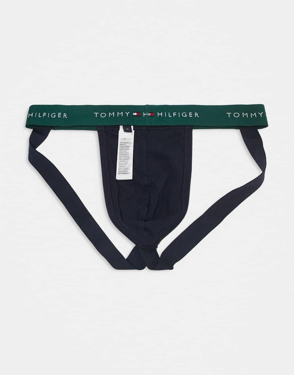 Tommy Hilfiger Signature Essential 3 pack jock strap with colored waistband in black Product Image