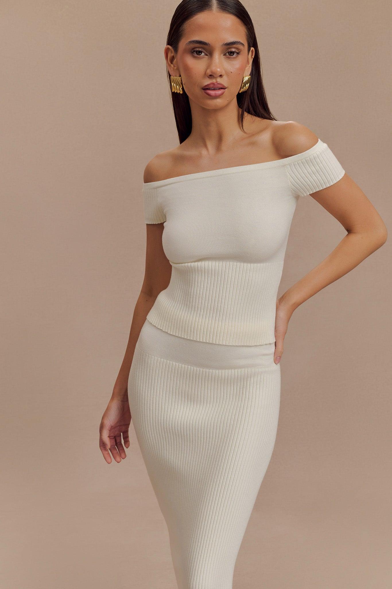 Mathilde Ribbed Knit Off Shoulder Top - Ivory Product Image