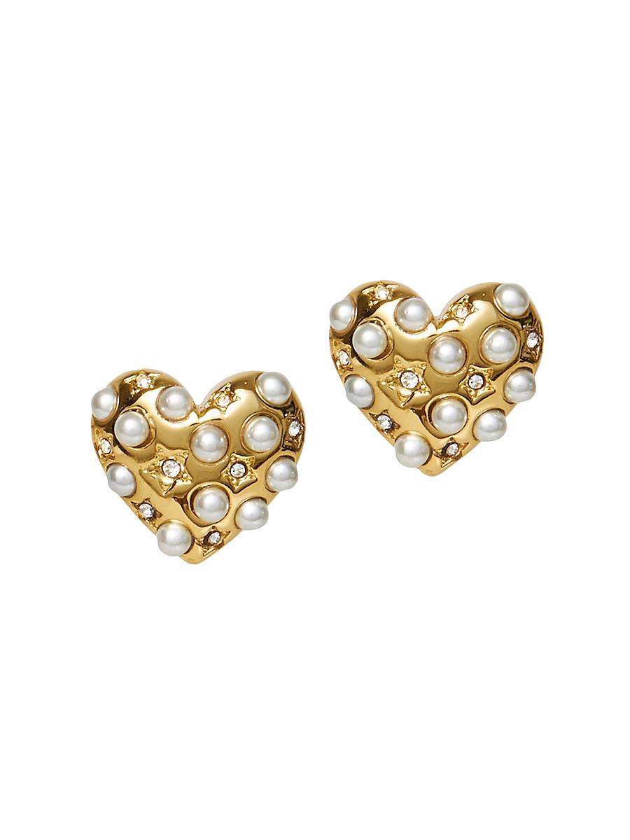 Womens Celestial Heart 14K-Gold-Plated, Imitation Pearl & Crystal Stud Earrings Product Image