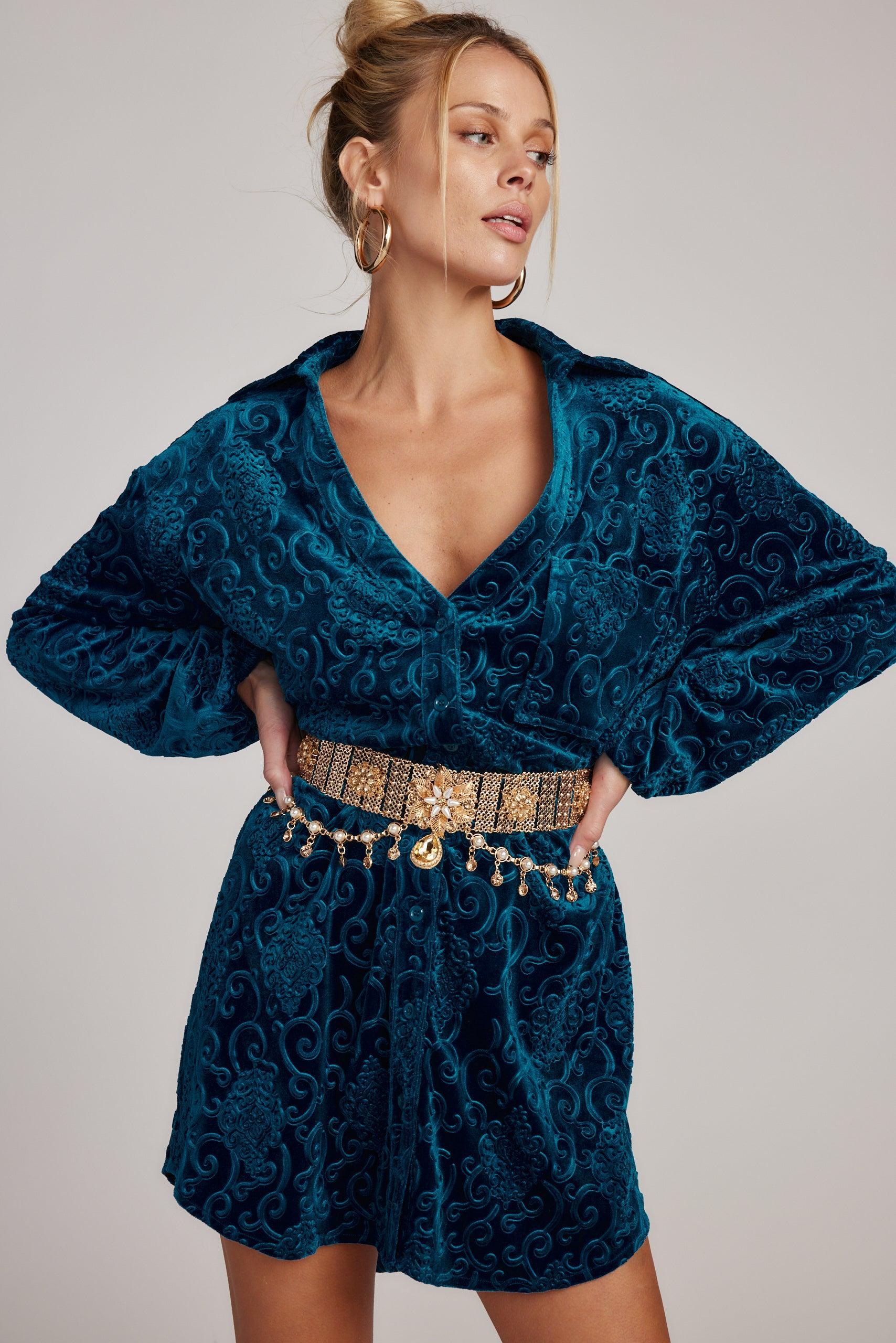 Kali Blue Long Sleeve Velvet Dress Product Image