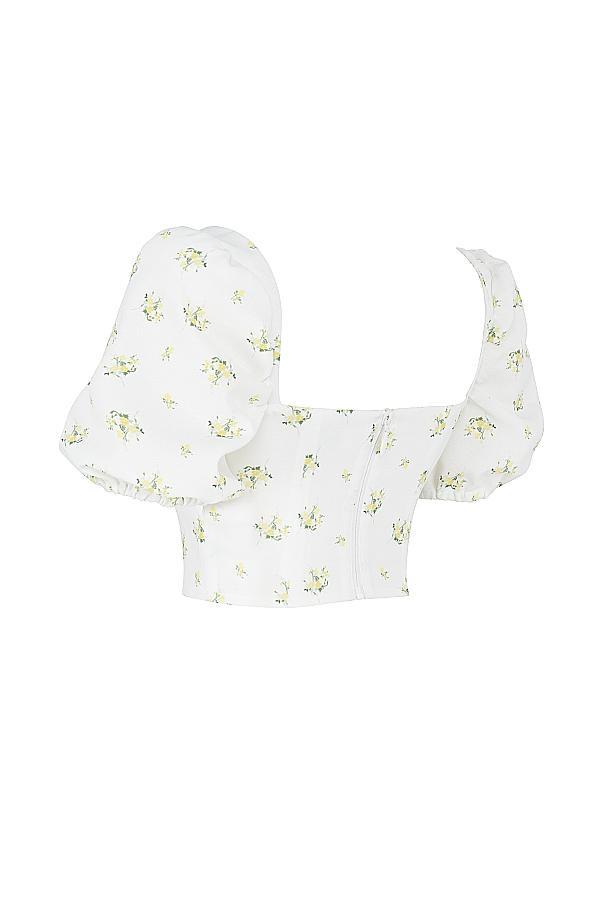 Arianna Ivory Floral Puff Sleeve Cropped Top Product Image