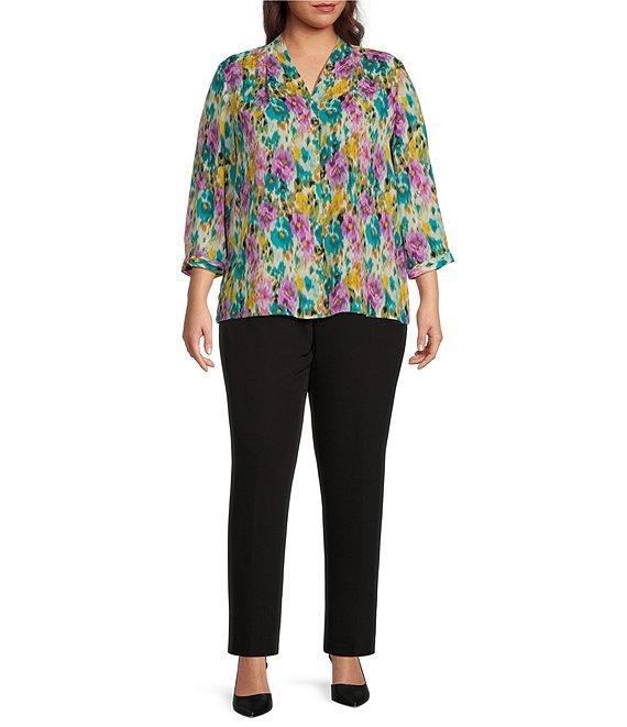 Investments Plus Size Caroline Signature Ikat Garden V-Neck 3/4 Sleeve Button Front Top Product Image