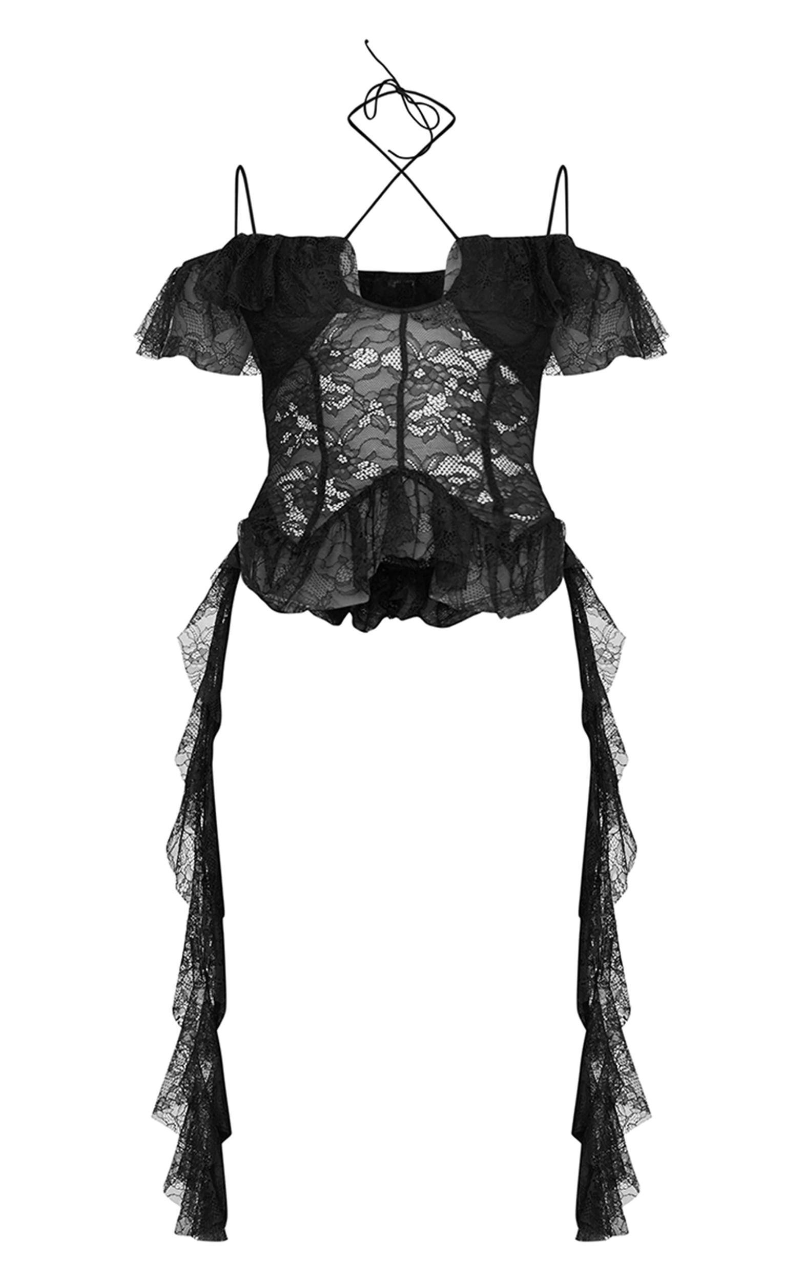 Black Lace Ruffle Halterneck Long Top Product Image