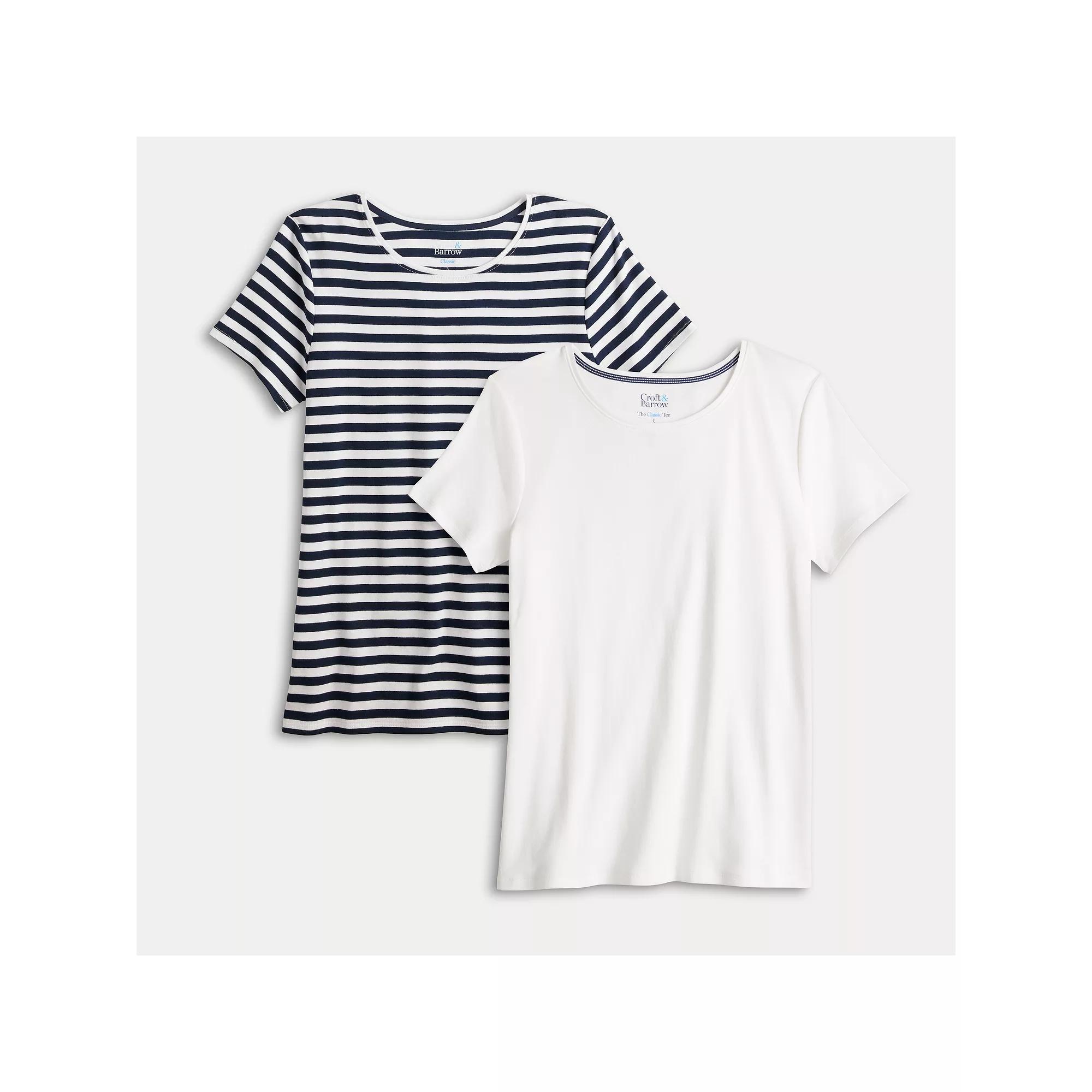 Petite Croft & Barrow® Crewneck Tee 2 Pack, Women's, Size: Large Petite, Stripe White Pack Product Image