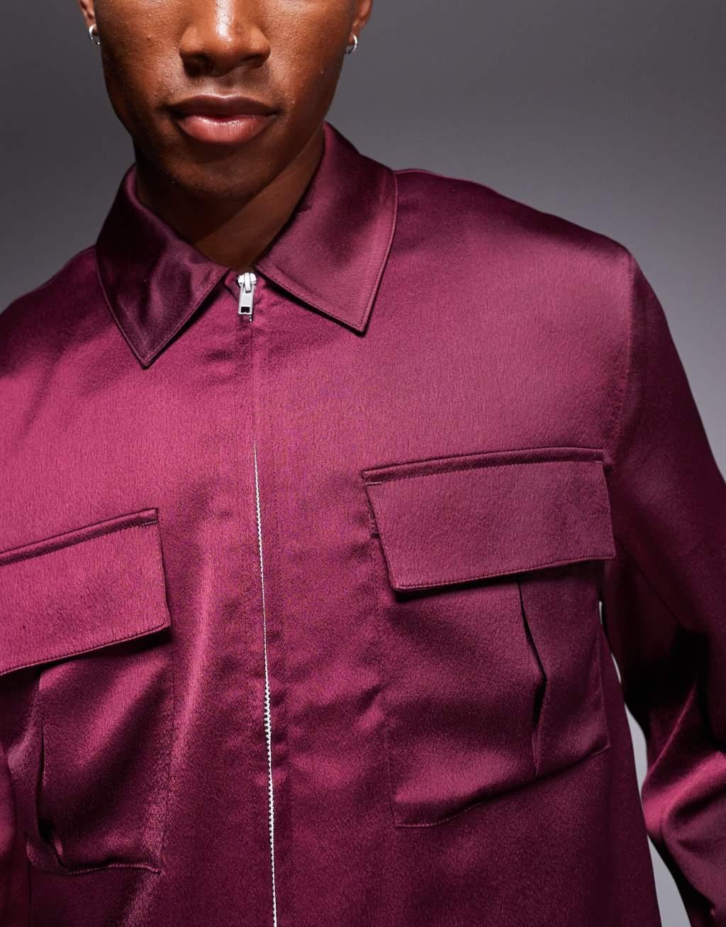 ASOS DESIGN cropped satin harrington jacket in burgundy Product Image