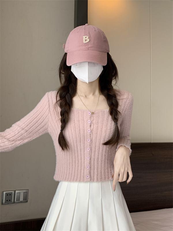 Square Neck Plain Ribbed Cardigan Product Image