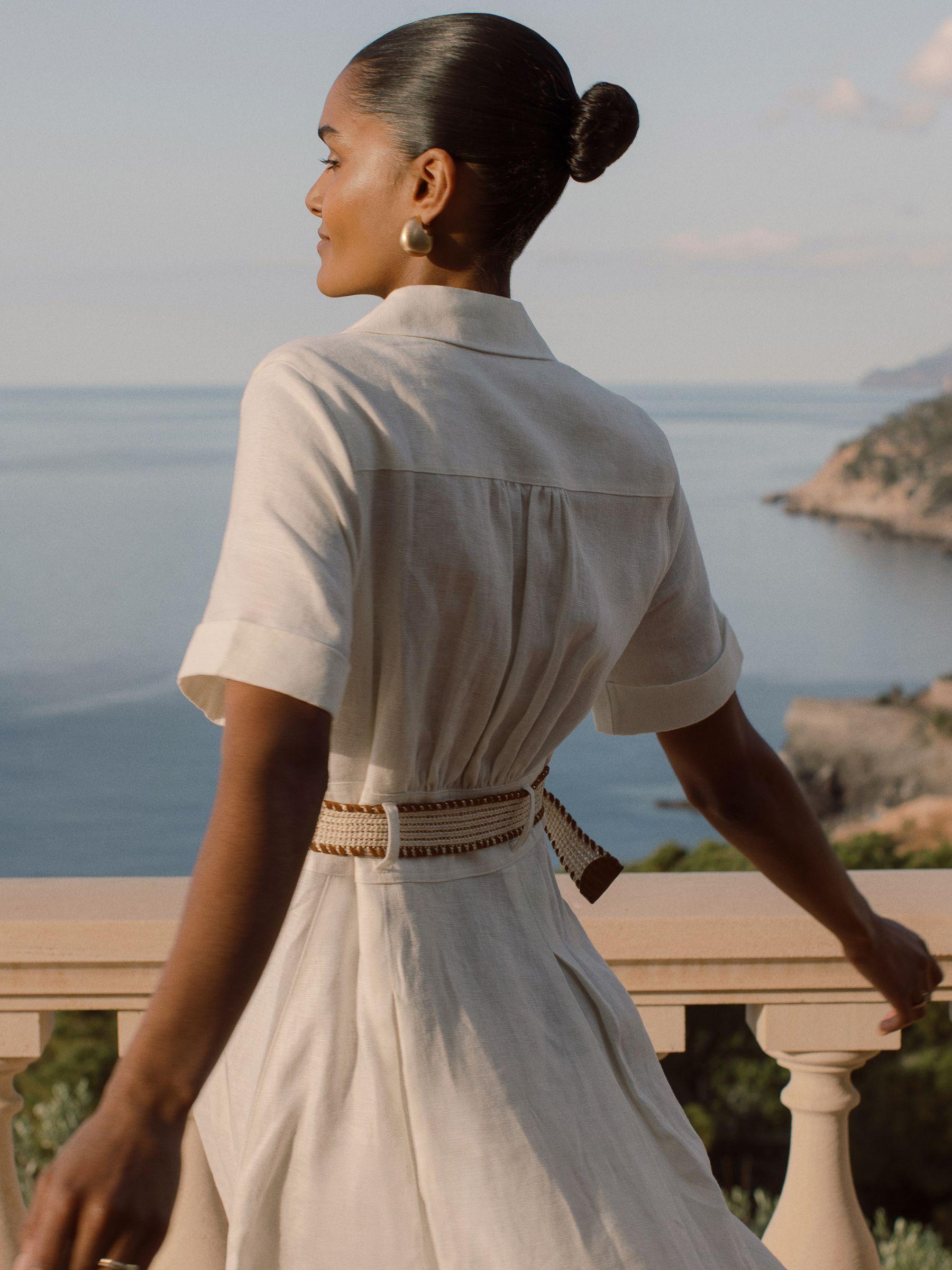 Petite Linen Belted Midi Shirt Dress in Ivory Product Image