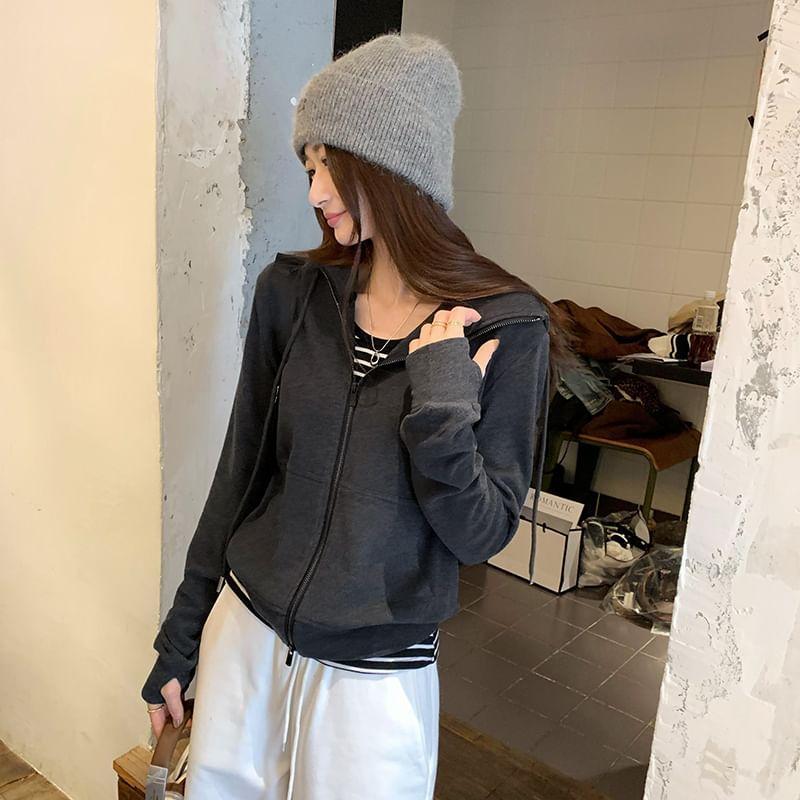 Plain Crop Zip Up Hoodie Product Image