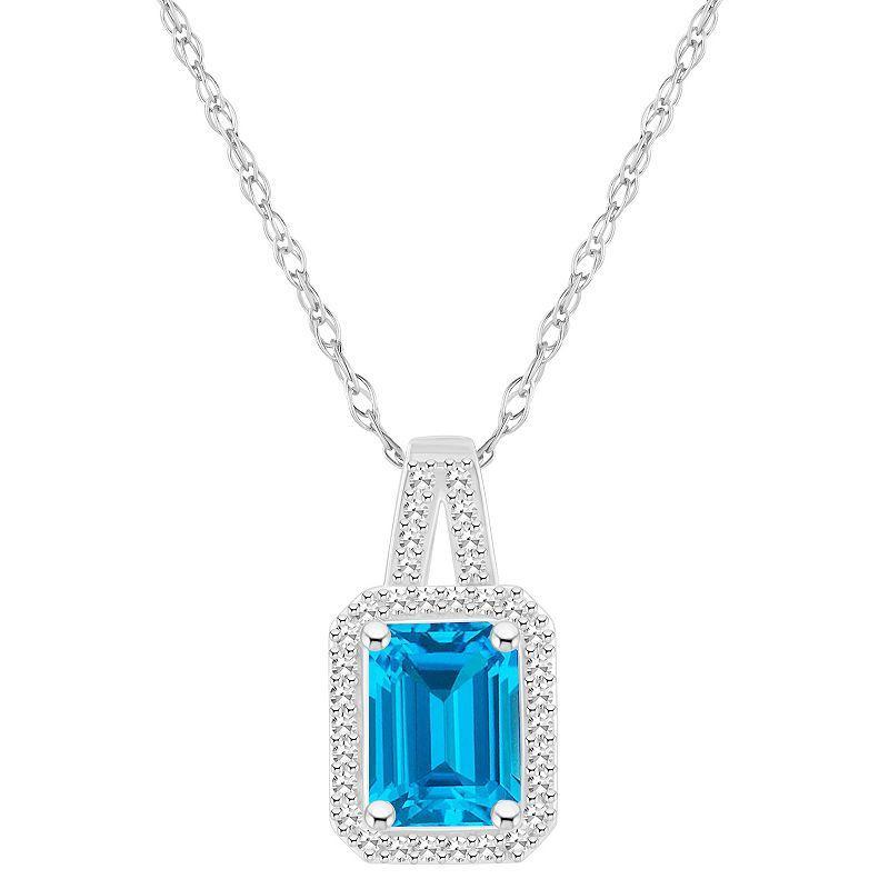 Celebration Gems Sterling Silver Gemstone & 1/6 Carat T.W. Diamond Halo Pendant Necklace, Womens Blue Topaz Product Image