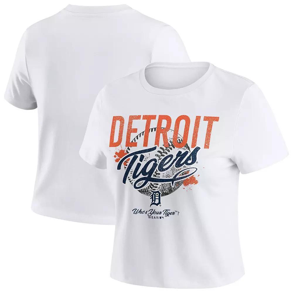 Women's WEAR by Erin Andrews  White Detroit Tigers Distressed Cropped Baby T-Shirt, Size: XL Product Image
