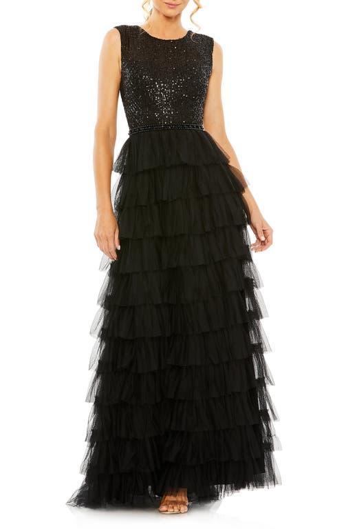 Mac Duggal Sleeveless Tiered Ruffled Sequin Crew Neck Gown Product Image