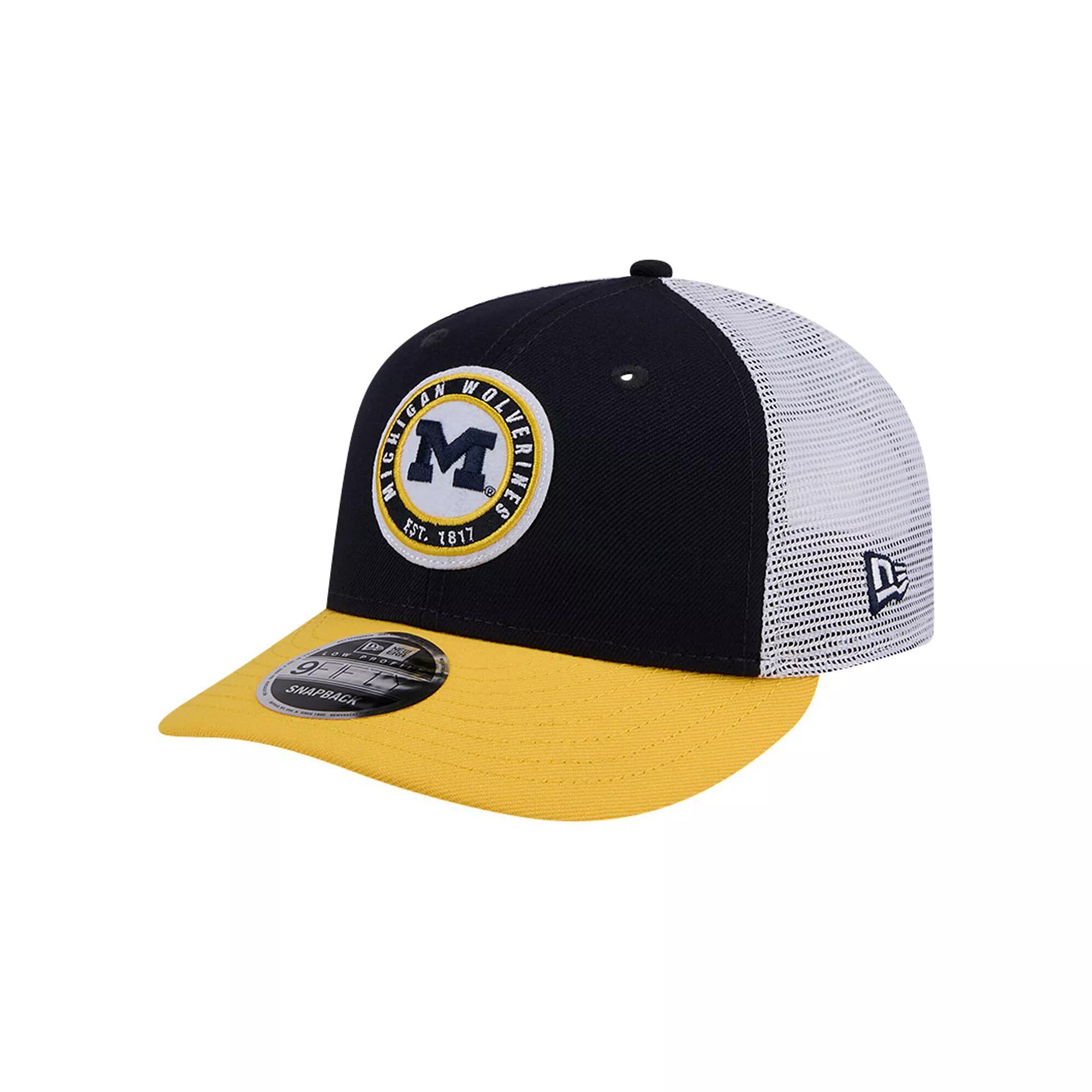 Men's New Era Navy Michigan Wolverines Throwback Circle Patch 9FIFTY Trucker Snapback Hat, Blue Product Image