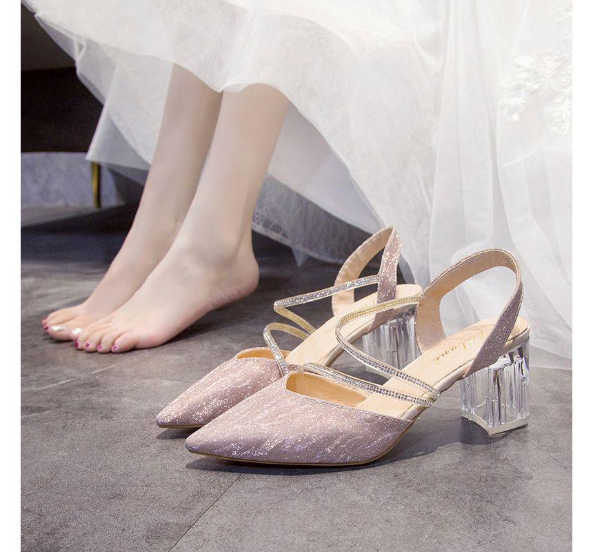 Pointed Toe Rhinestone Transparent Heel Slingback Pumps Product Image