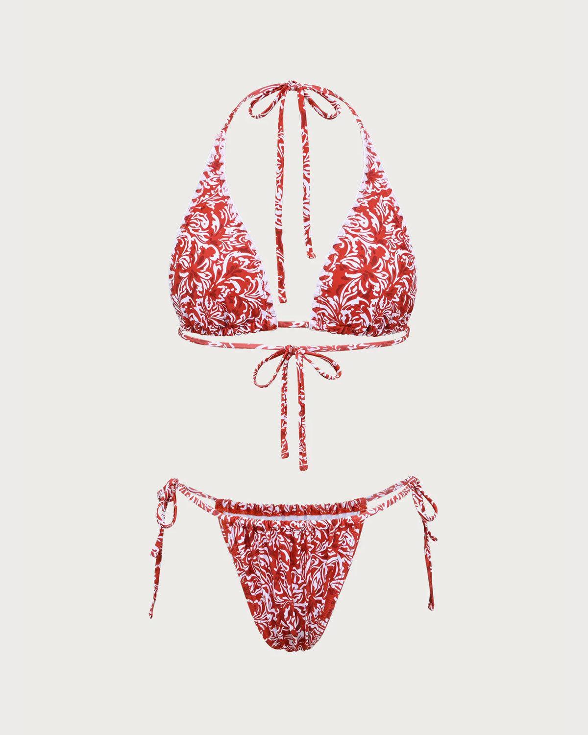 Red Floral Halter Triangle Bikini Set Product Image