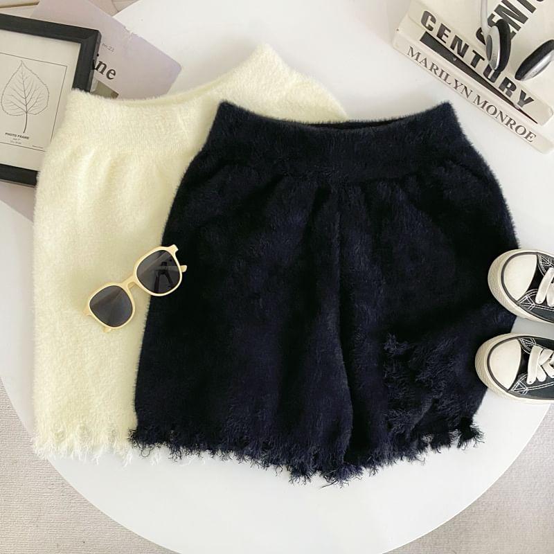 High Waist Plain Distressed Knit Shorts Product Image