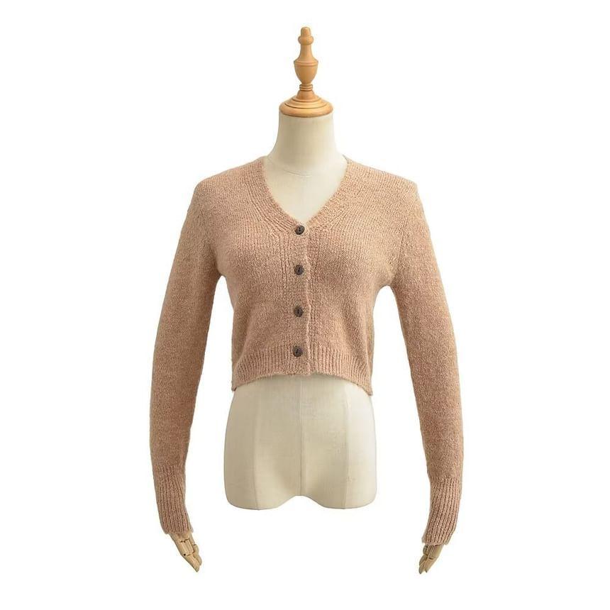 V-Neck Plain Button Cropped Cardigan Product Image